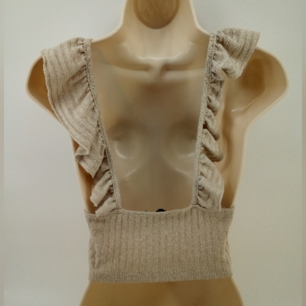 Zara Trafaluc Ruffle Nude Tan Rushed Ribbed Crop Top Large - Picture 5 of 9
